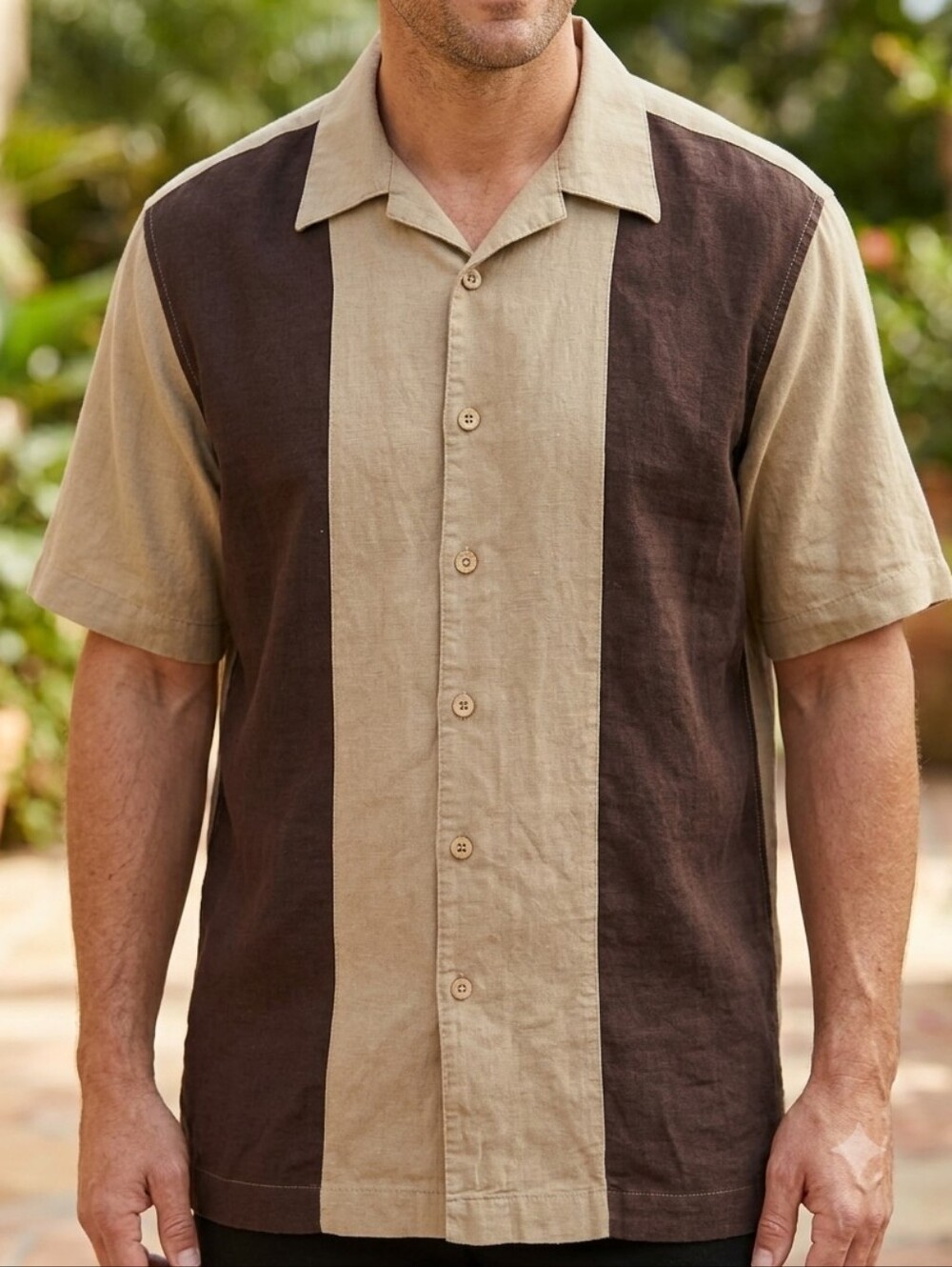 Haggar Tan & Brown Striped Linen Blend Button-Down Shirt Size XL Retro Casual